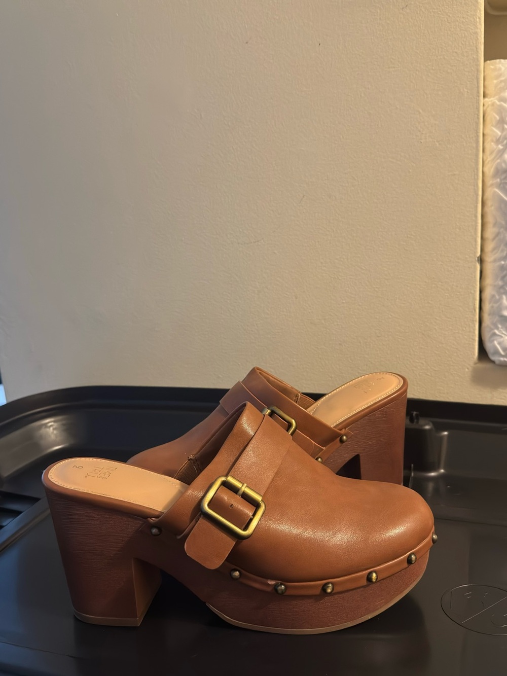 Tan Leather Platform Clog Mules with Brass Buckle